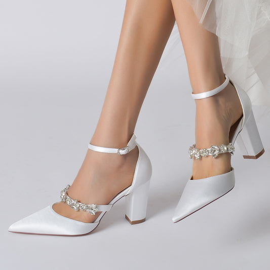 Thick Heel Lady Satin Evening Dress Shoes